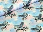 Baumwolljersey Bio Eigenproduktion Pegasus Weiß auf Hellblau